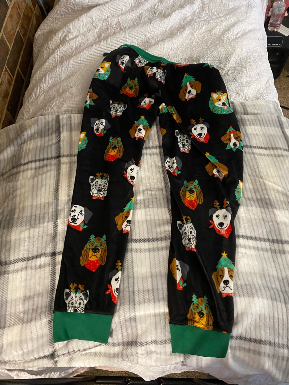 Black Holiday Dog Print Pajama Pants with Green Trim